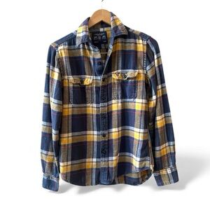 American Eagle Athletic Fit Plaid Flannel Shirt Navy Yellow Mens XS Gorpcore